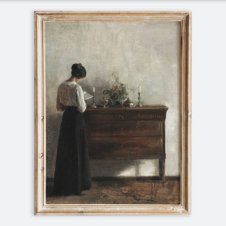 Vintage Rústico Interior Mulher Lendo Impressão Artística VP156 por atacado de Sugar & Canvas