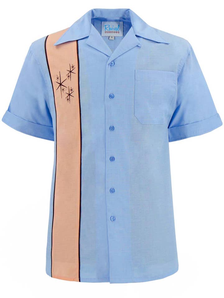 Daytona Bowling Shirt - Sky Blue for wholesale by Revival Vintage Ltd