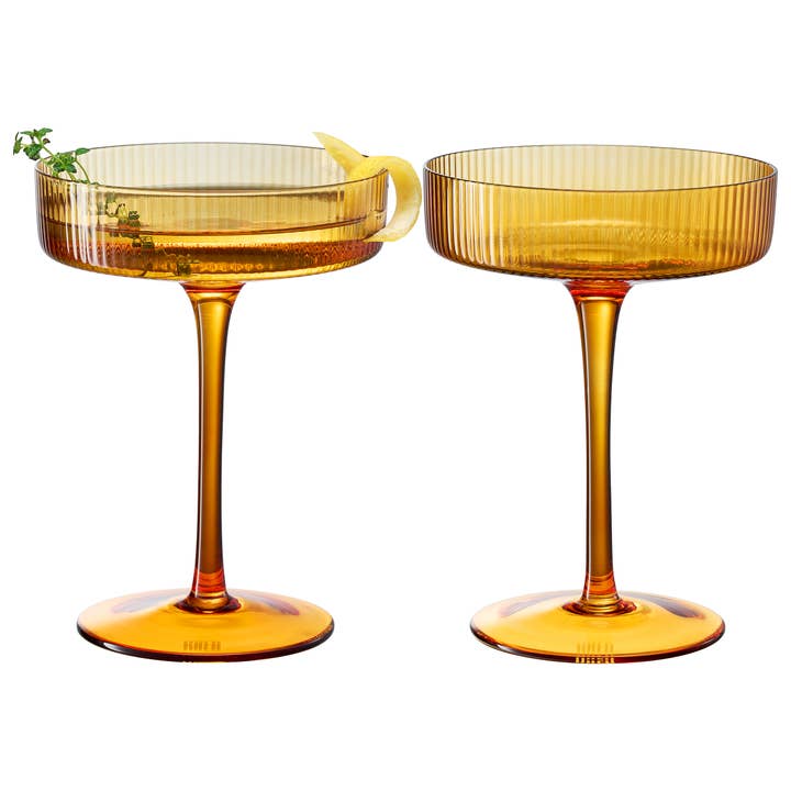 The Wine Savant / Khen Glassware - Wholesale Cocktail/liquor glass - Ribbed Amber Vintage Art Deco Coupe Glasses | 7OZ Set of 22