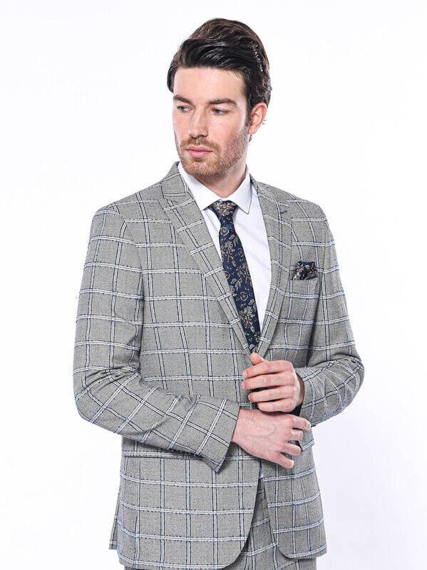 Karierter Herrenblazer in schmaler Passform, grau, marineblaues Karomuster für den Großhandel von Wessi