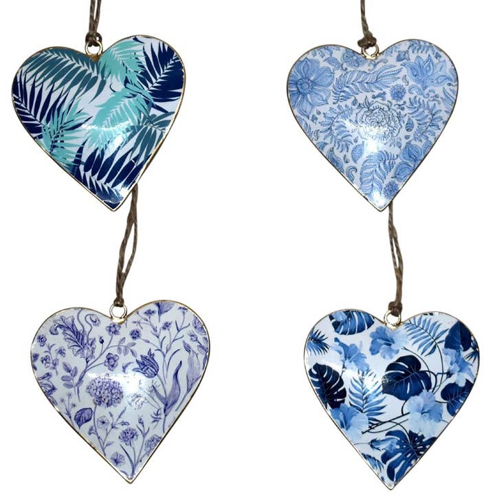 S/4 10cm Herzen im Blau/Weiß Palmendesign für den Großhandel von Status Collections