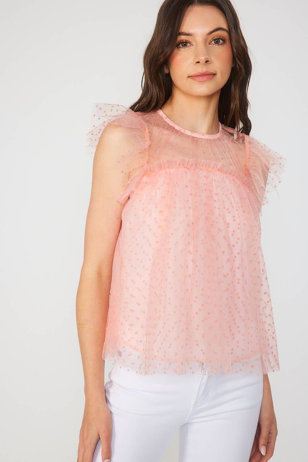 FSL Apparel - Wholesale Blouse - Women's - ST3753 - MINI DOT FLOCKING MESH TULLE TOP2