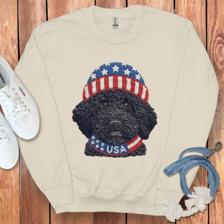 Puppy Jo - Wholesale Graphic Sweatshirt - Unisex - Patriotic Black Goldendoodle Sweatshirt