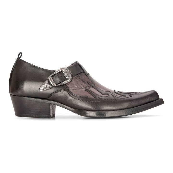 Men's Leather Western Shoes Black Cuban Cowboy Winklepickers Classic Buckle Shoe for wholesale on Faire
