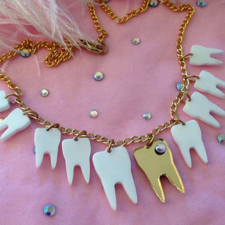 Sweet Tooth Necklace, Teeth, Gold Tooth, Laser Cut Acrylic, Plastic Jewelry for wholesale by I'm Your Present