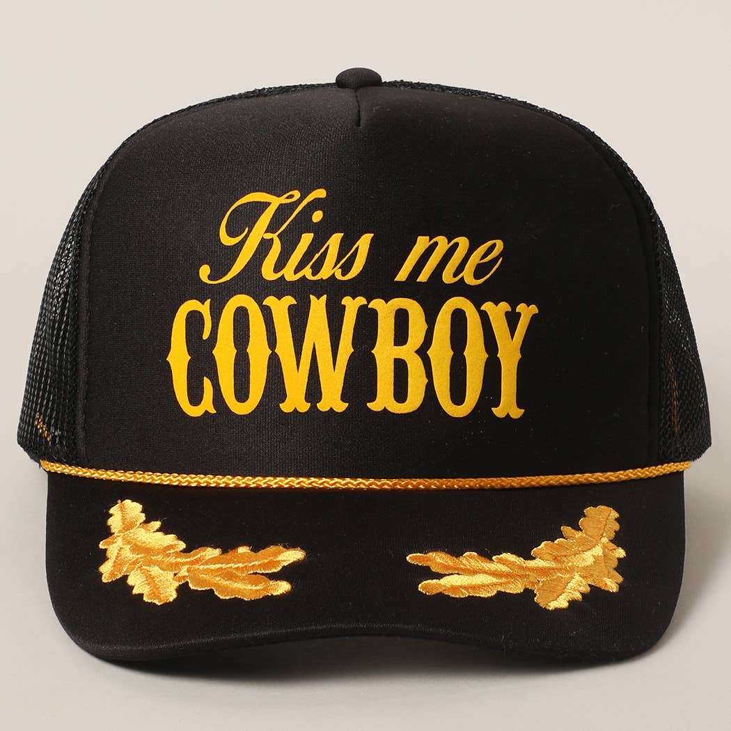 BLKGD Kiss Me Cowboy Text Foam Mesh Back Trucker Hat for wholesale on Faire2