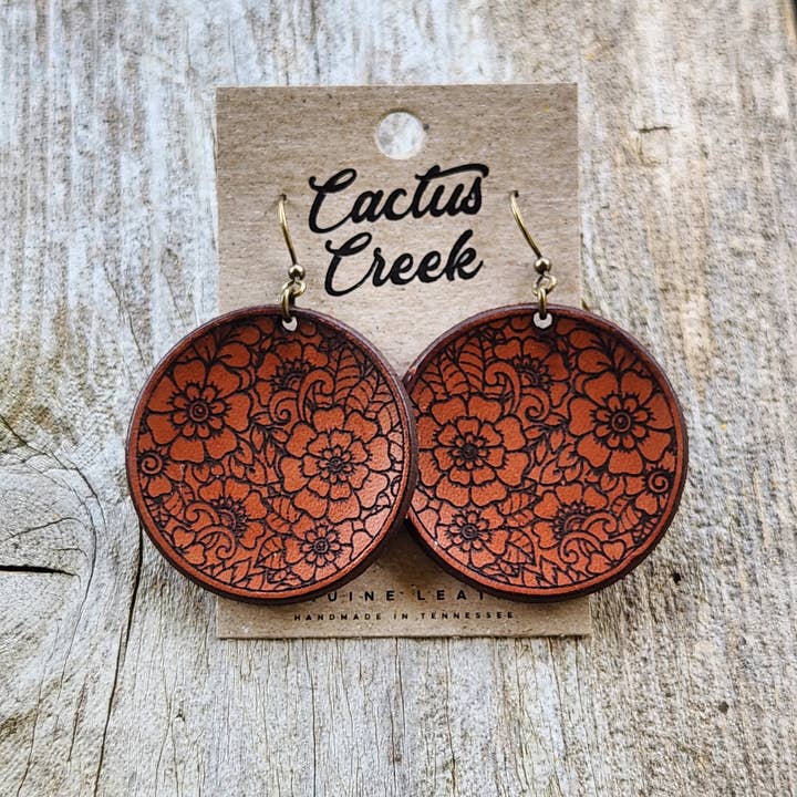 Cocklebur Clothing Co. - Wholesale Dangle Earrings - "Freida" Handmade Tooled Leather Earrings