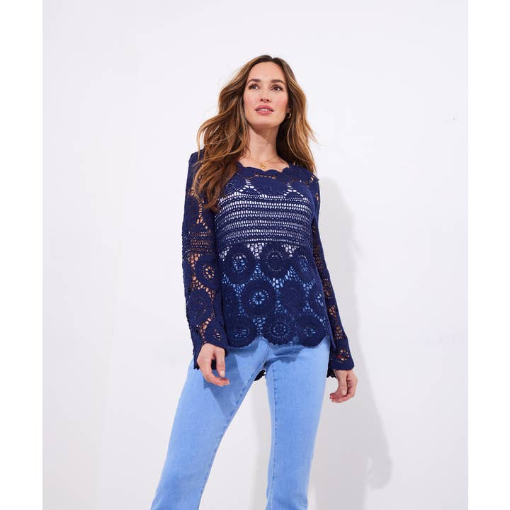 Boho Summer Navy Long Sleeve Crochet Jumper for wholesale by Joe Browns
