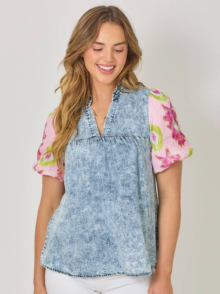 Mystree - Wholesale Blouse - Women's - 61023 Washed Mixed Media Peasant Blouse