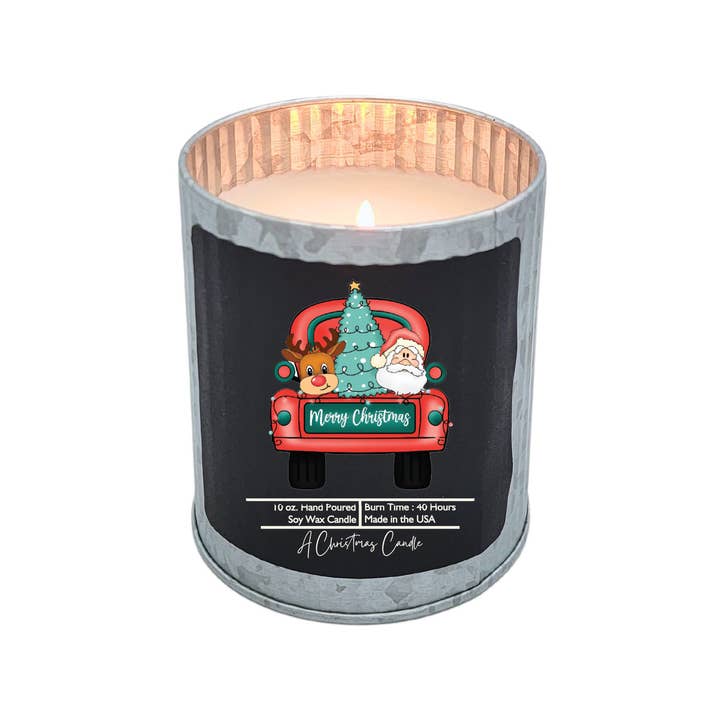 Merry Christmas Vintage Truck - Rustic Tin Holiday Candles for wholesale by Driftless Studios