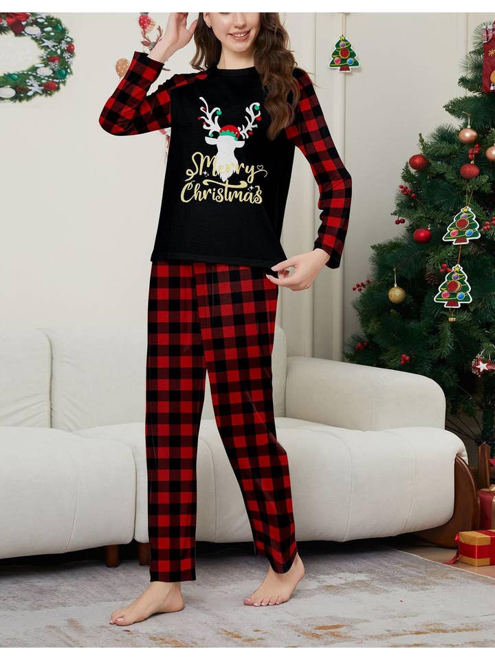 Anna Kaci Wholesale - Wholesale Sleepwear Set - Unisex - Family Christmas Pajama Set with Black Tops Red Plaid Pants20