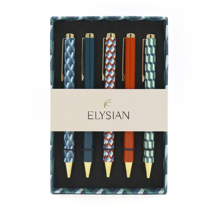 Elysian Geometric Mixed Design Ballpoint Pens in Gift Box – Set of 5 Pens for wholesale by Robert Frederick Ltd