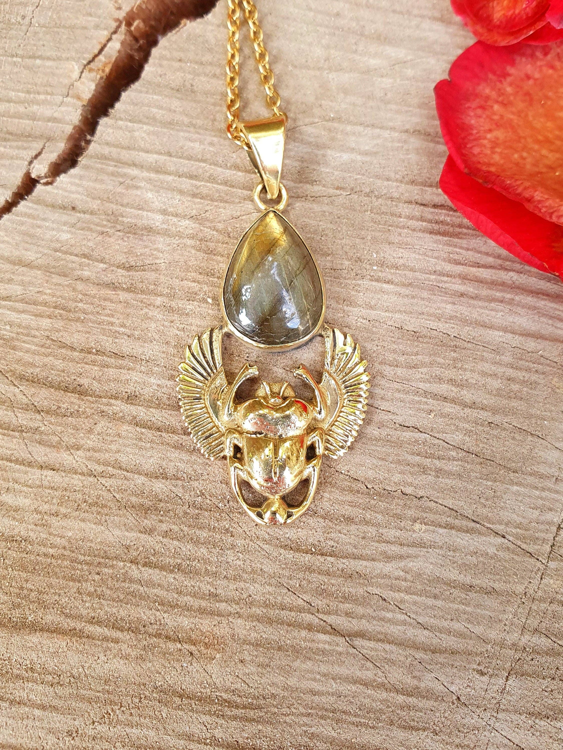 Kaali Boutique - Wholesale Pendant/Charm Necklace - Golden Scarab Labradorite Necklace / Talisman / Third Eye / Hypoallergenic / Brass / Boho / Inca / Ethnic / Illuminati5