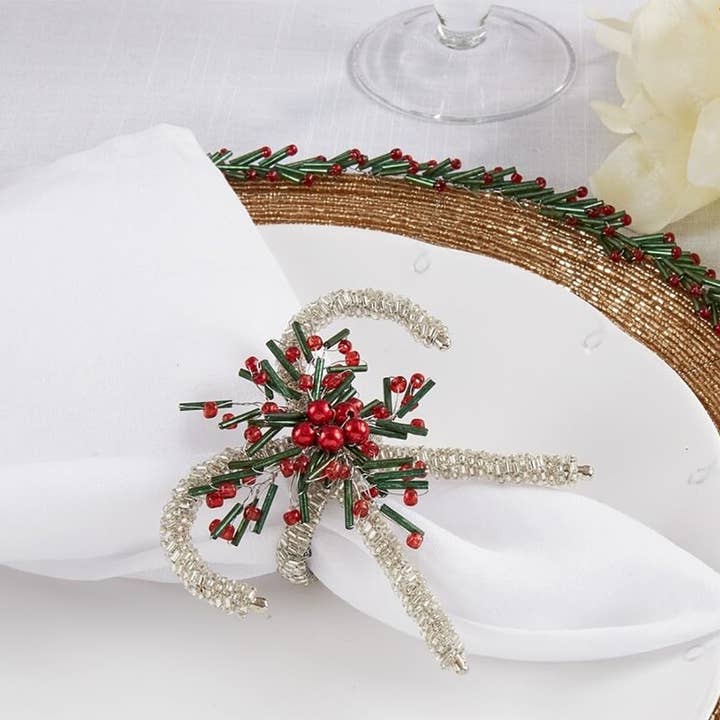 Fennco Styles - Wholesale Servetring - Zilveren servetring met Candy Cane met kralen0