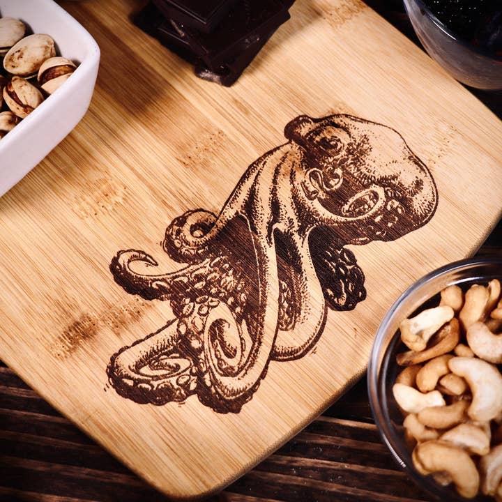 Nautical Octopus Engraved Bamboo Cutting, Chopping, Serving, Charcuterie Board for wholesale by Rustic Cedar Co