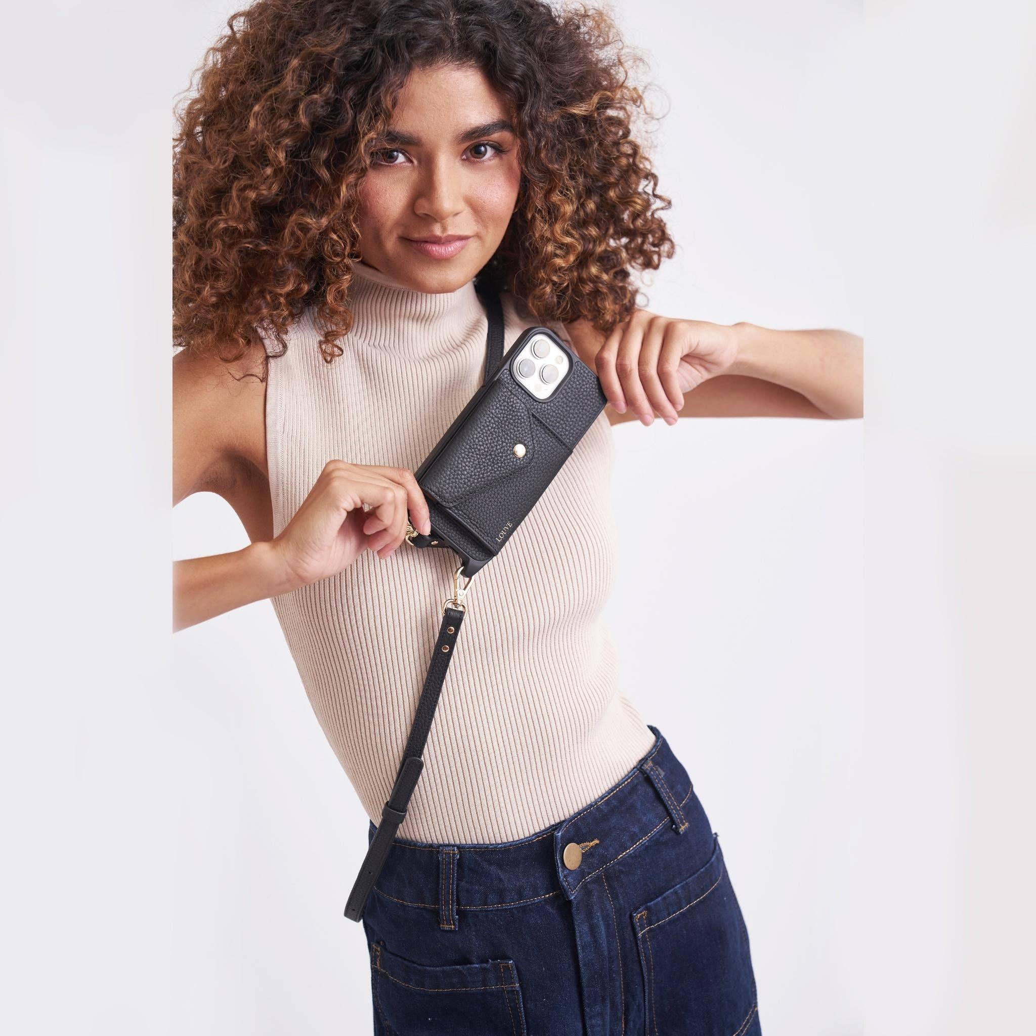 Louve Collection - Wholesale Phone Wallet - Women's - Zoë Black Leather Phone Case Wallet & Matching Strap30