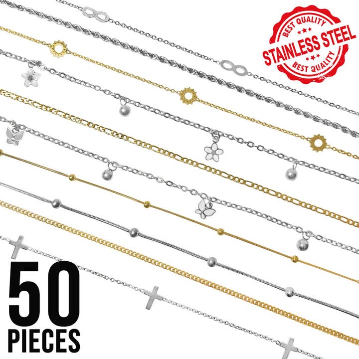 Stainless Steel Assorted Pack of Chain Anklets for wholesale by AAB Style Inc.