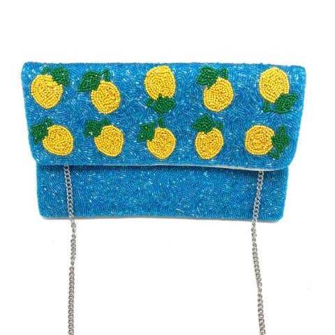 Pizzazz, Inc. - Wholesale Clutch Bag - Women's - Blue Beaded Clutch With Lemons