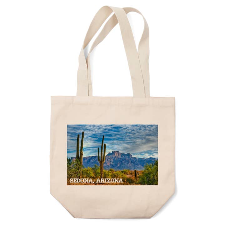 ORGANIC TOTE BAGS Sedona, Arizona, Saguaros and Mountains for wholesale by Lantern Press