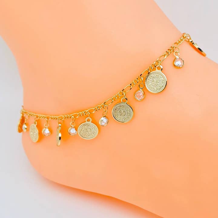 Rhinestone Circular Pendant 18K Gold-plated Chain Anklet for wholesale by Mio Queena