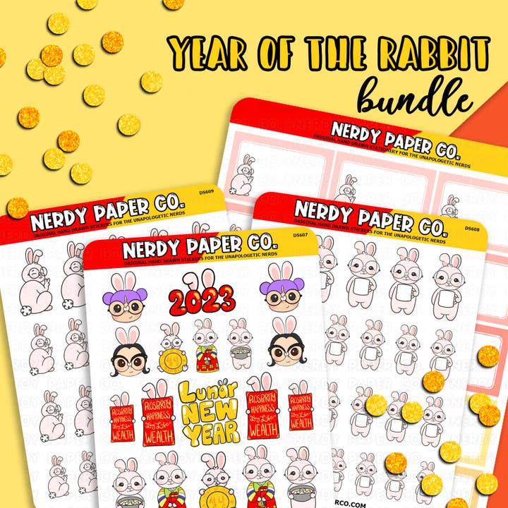 Jaar van het Konijn Bundel - Handgetekende Planner Stickers voor wholesale door NERDY PAPER CO.