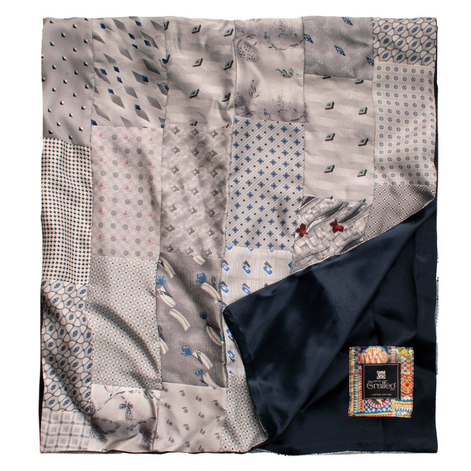 Graffeo Cravatte - Wholesale Sjaal - Uniseks - Grijze Zijden Sjaal Vintage Patchwork Multicolor S6003