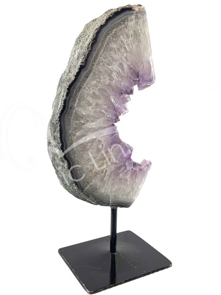 (KG)SPECIMEN - AMETHYST DRUSE HALF SLICE ON METAL STAND 9-1 for wholesale by Oceanic Linkways Inc