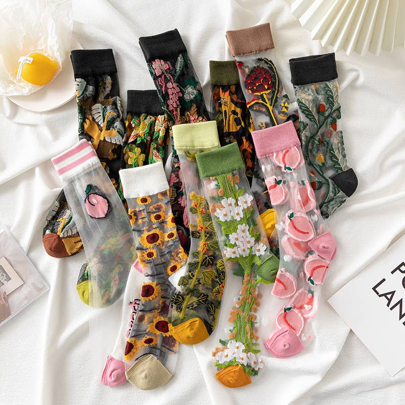 Tourtiwi - Wholesale Socks - Women's - Fruit Flower Animal Pattern Transparent Thin Summer Socks26