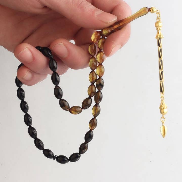 Aladdin - Wholesale Prayer beads necklace - Tesbihevim | Gold Plated Amber Tasbih with Silver Tassel1