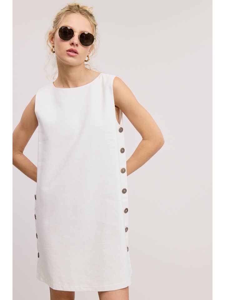 Mimosa - Wholesale Dress - Women's - Wooden Side Button Detail Sleeveless Linen Mini Dress