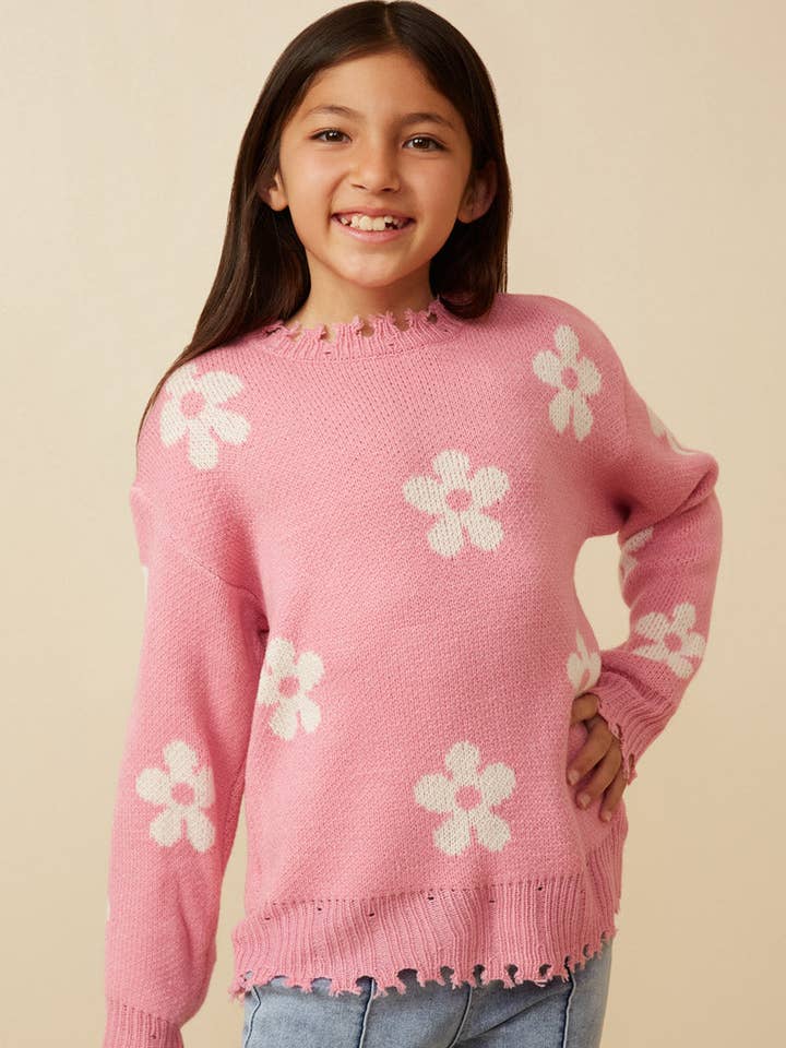 Girls Distressed Floral Patterned Pullover Sweater for wholesale by Hayden LA