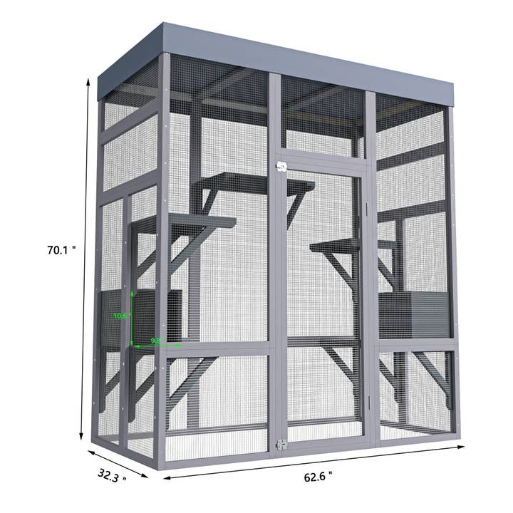 39F Inc. - Vente Caisse de transport – chat - Catio extérieur en bois de 62,6 pouces avec toit et plateformes4