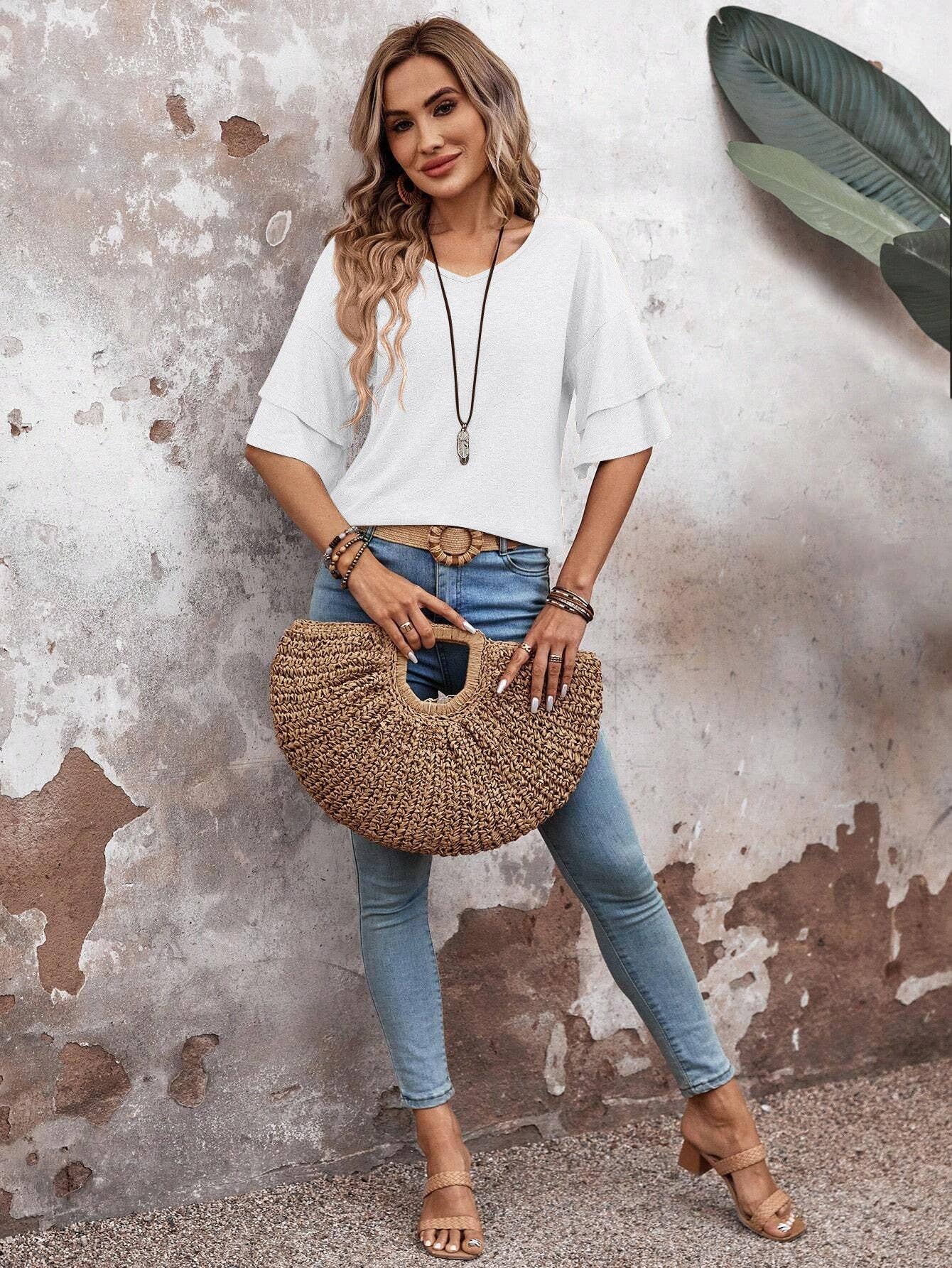 Suhkasana - Wholesale Blouse - Women's - Women's V-Neck Flutter Sleeve Top – Casual Summer T-Shirt9