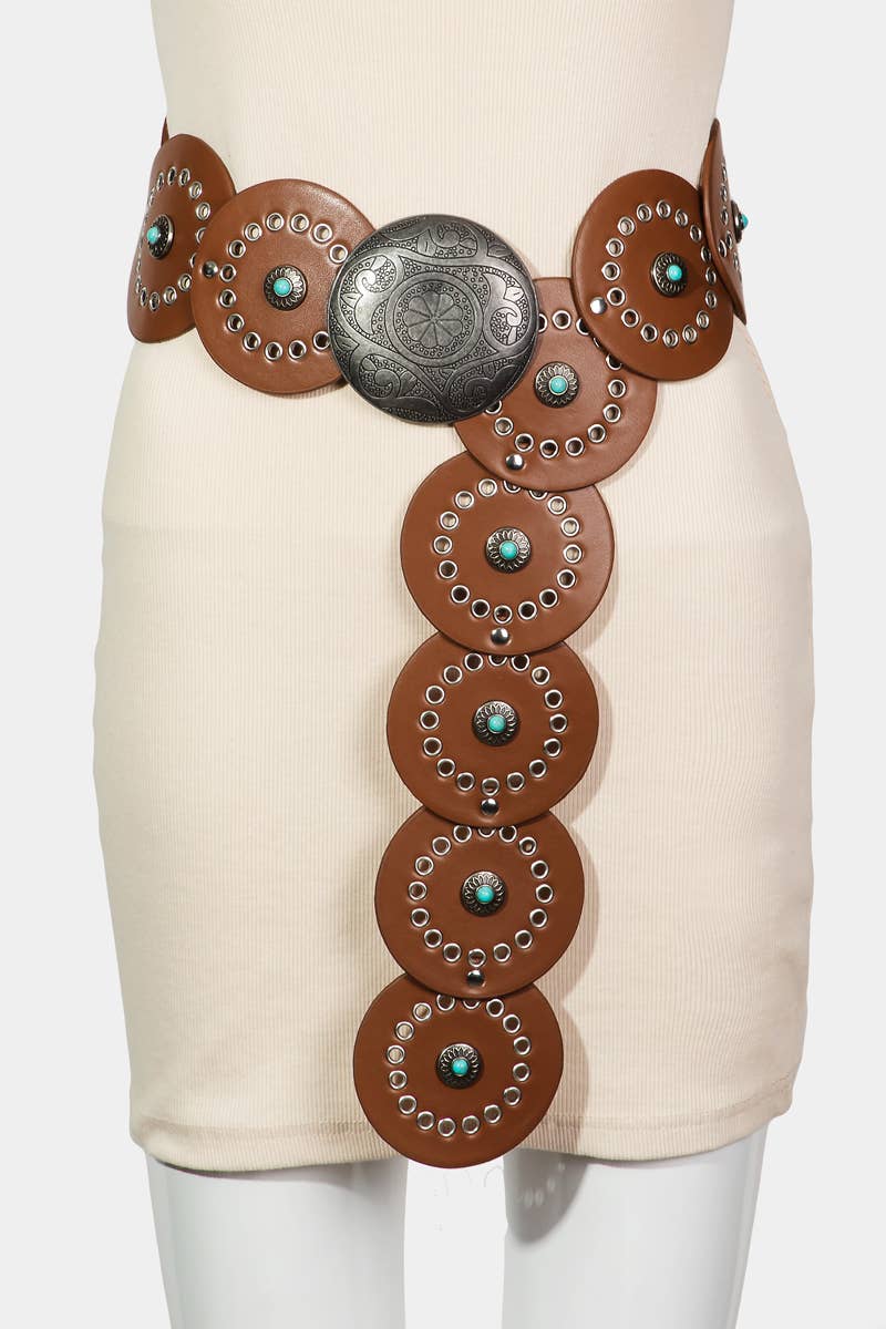 Brown Large Circle Western Disc Link Fashion Belt for wholesale on Faire1