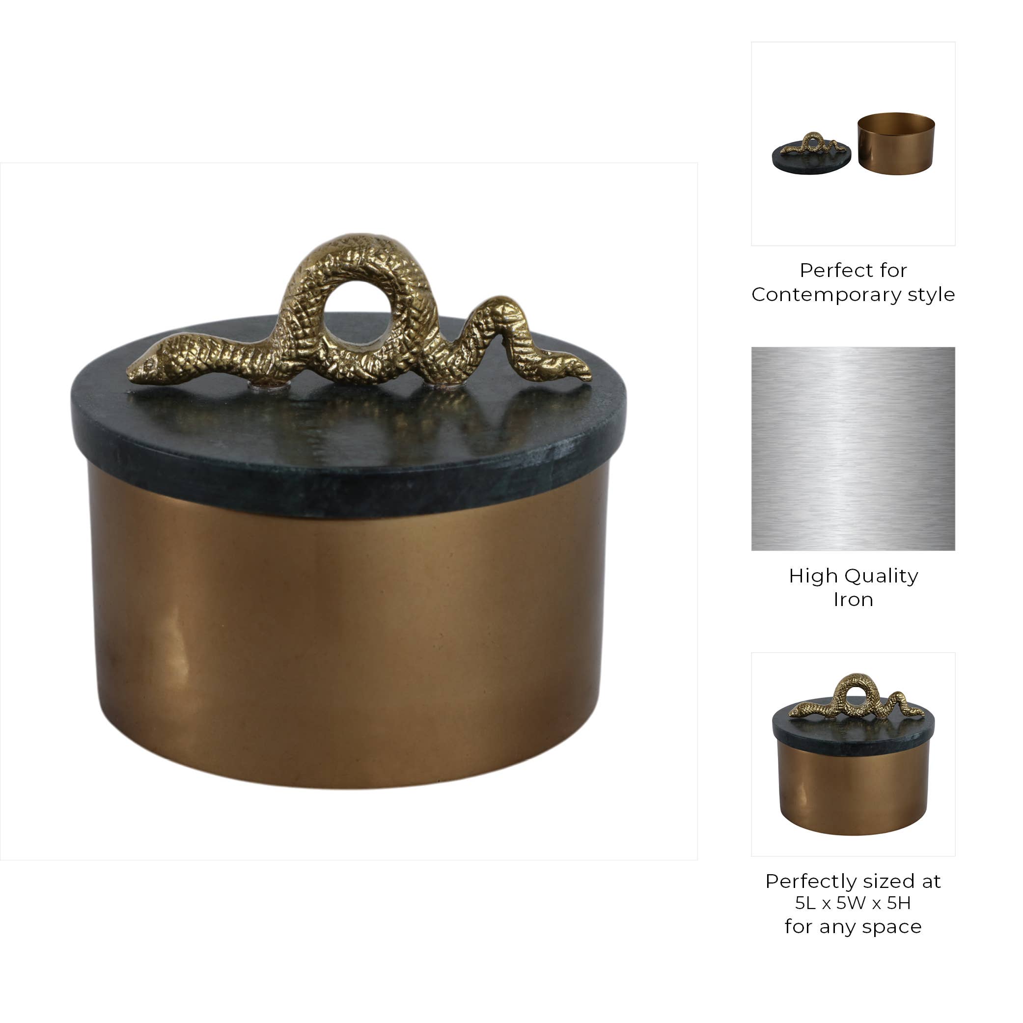 Sagebrook Home - Wholesale Decorative Box - Decorative Box - Gold Metal Round Snake Handle, 5 in.4