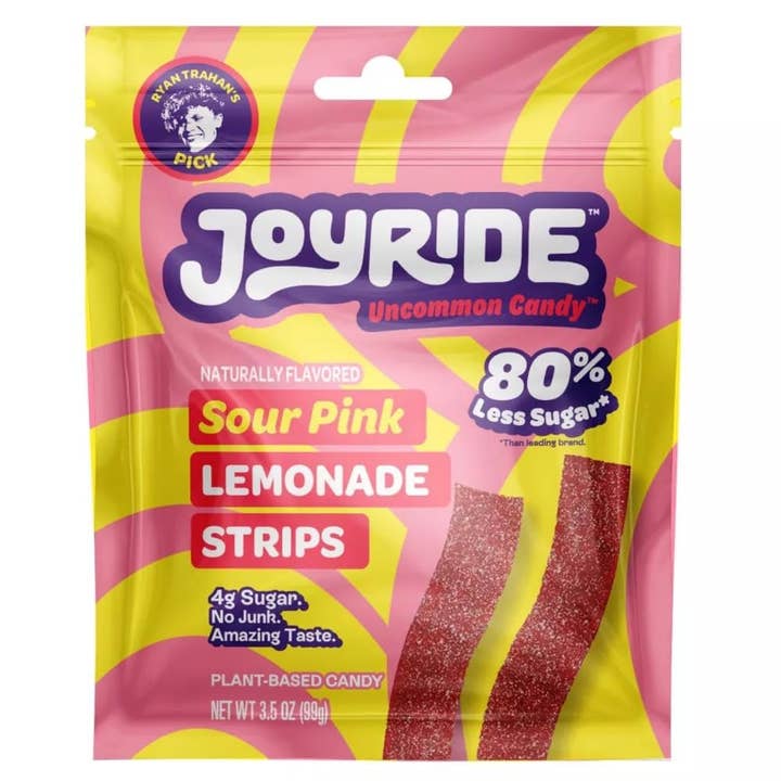 Joyride Low Sugar Sour Strip Sour Pink Lemonade 3.5 oz 10 ct for wholesale by Long Island Candy Factory