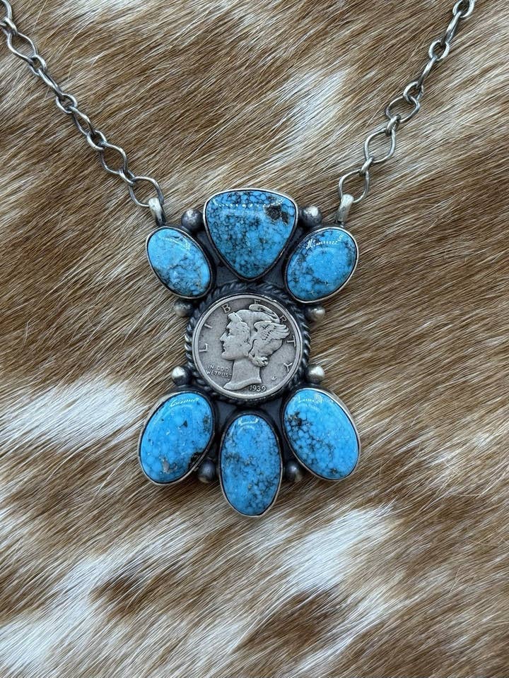 Navajo håndlavet sølv Kingman turkis Liberty Dime klynge bar halskæde 18” for engroshandel hos Native City Jewelry