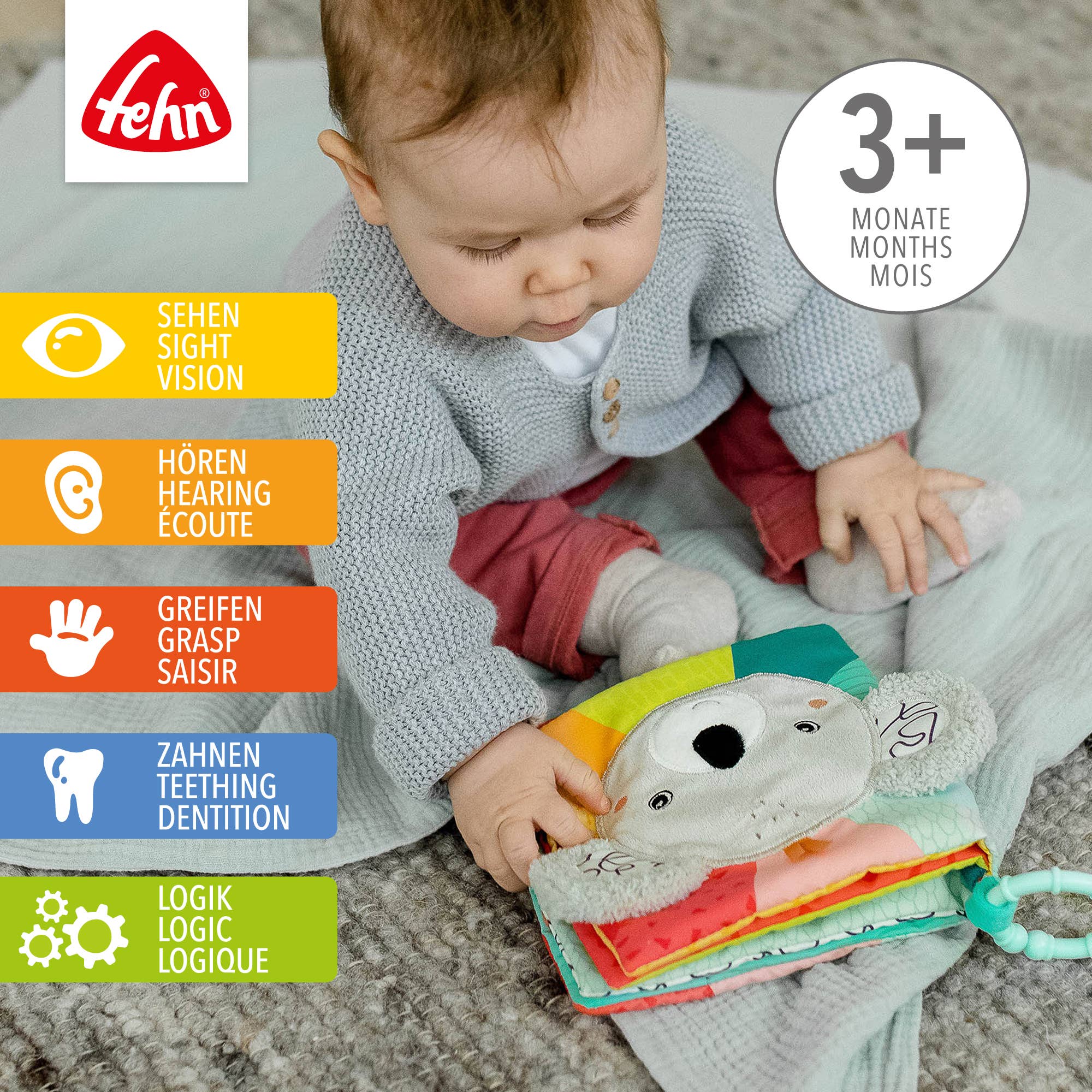Fehn - Wholesale Crinkle Tag Toy - Baby - Koala fabric book - touch book with animal motifs1