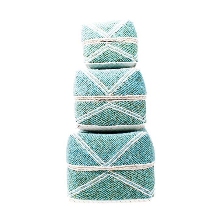 Capri Beaded Box Set (Set of 3 - Aqua/White) for wholesale by POPPY + SAGE