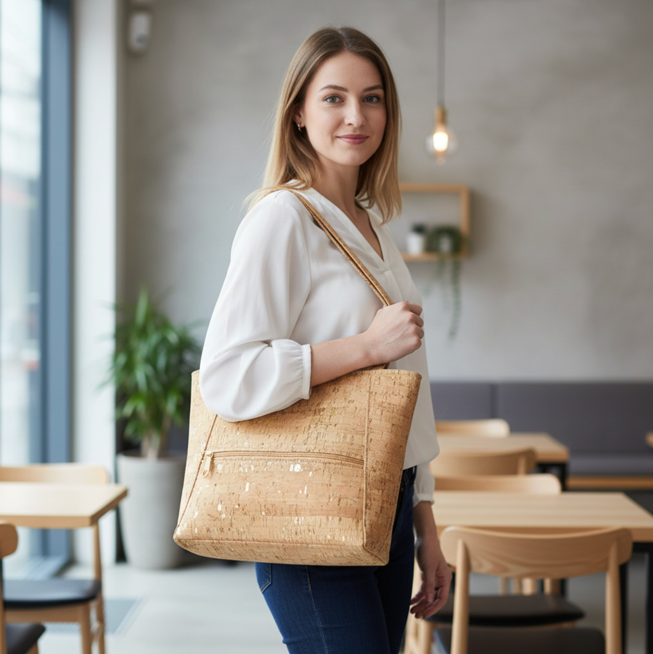 Natalie Therese - Wholesale Tote Bag - Women's - Cork Small Tote Bag with Front Zipper Pocket | Gold Flecked1