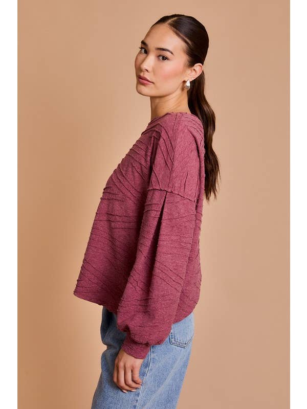 Wine LONG SLEEVE BACK OVERLAP TOP for wholesale on Faire