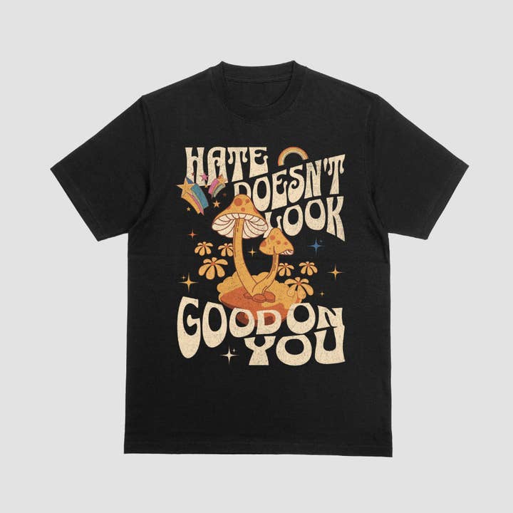 Hate Doesn't Look Good On You Retro Pride Shirt for wholesale by After Five Designs