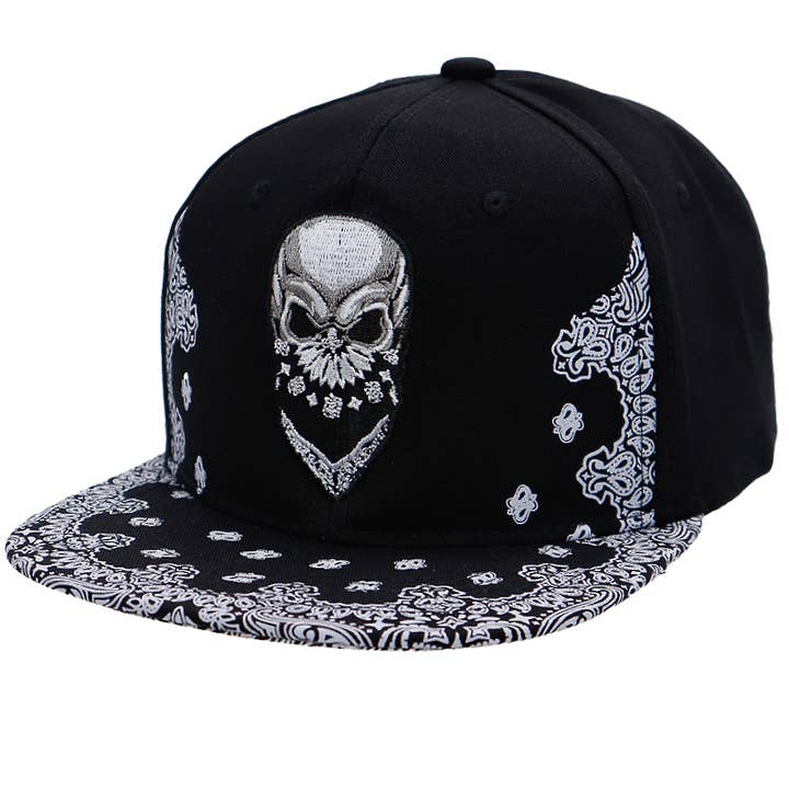 Cap Zone - Wholesale Flat Brim Cap - Men's - Rebel Biker Skull Paisley Bandana Print Snapback
