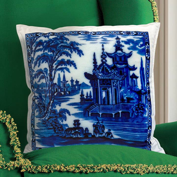 Blue and White Velvet Chinoiserie Pillow Case Cushion Cover for wholesale by Reimagined by Anna Stark