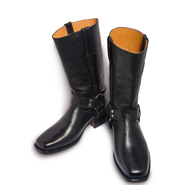 Stivali da moto in pelle nera da uomo con anelli di metallo per la vendita all'ingrosso da parte di Leather Skin Shop