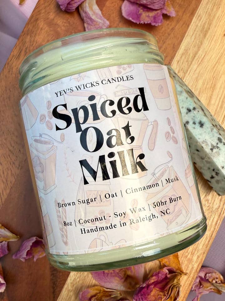 Spiced Oat Milk Coconut Soy Wax Candle with Crystals for wholesale by Yev's Wicks