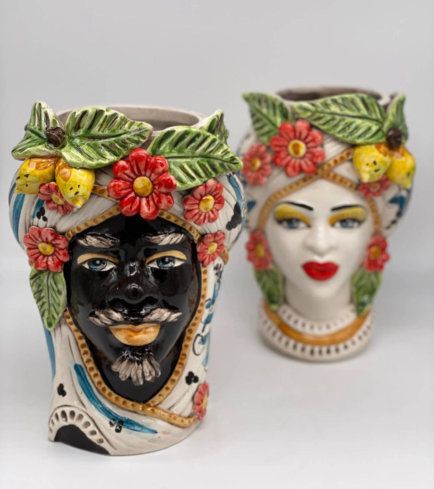 DD Ceramiche Siciliane - Wholesale Vase - Moorish Moor's Heads Caltagirone Ceramic cm H.28 L.19 Handmade Baroque Turban Flowers Lemons6