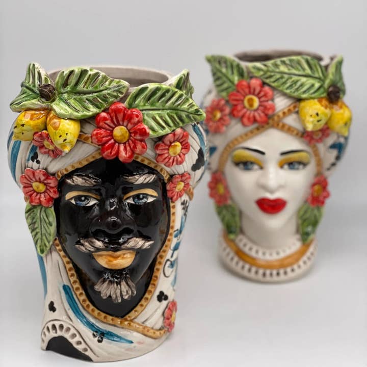 DD Ceramiche Siciliane - Wholesale Vase - Moorish Moor's Heads Caltagirone Ceramic cm H.28 L.19 Handmade Baroque Turban Flowers Lemons1