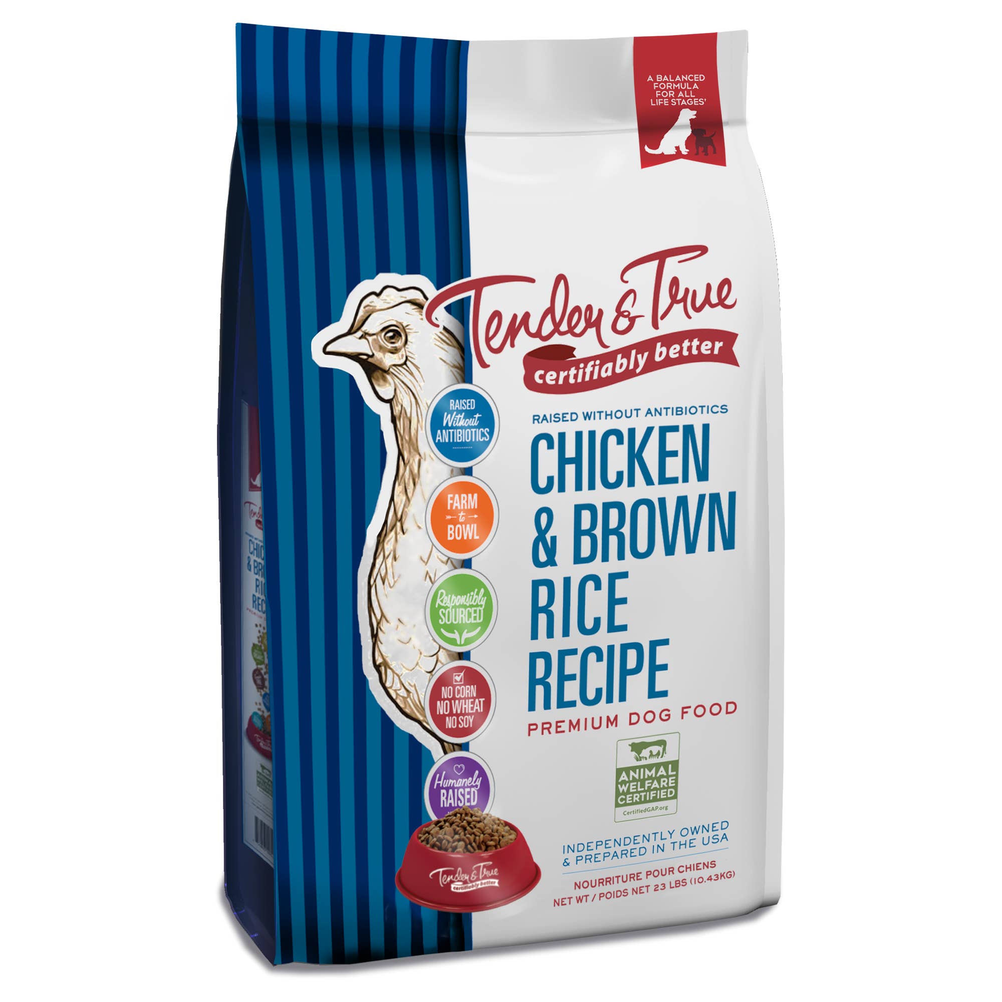Tender & True Pet Nutrition - Vente Nourriture – chien - Recette de poulet et riz brun Nourriture sèche pour chien, sacs M/L1
