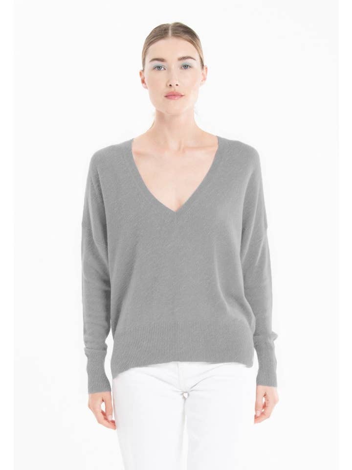 grey Oversized ultrafine cashmere and wool V-neck sweater KELLY 10 for wholesale on Faire